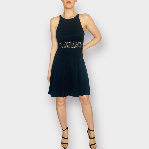 90s Betsy & Adam‎ Black Party Dress with Sheer Lace Waistband